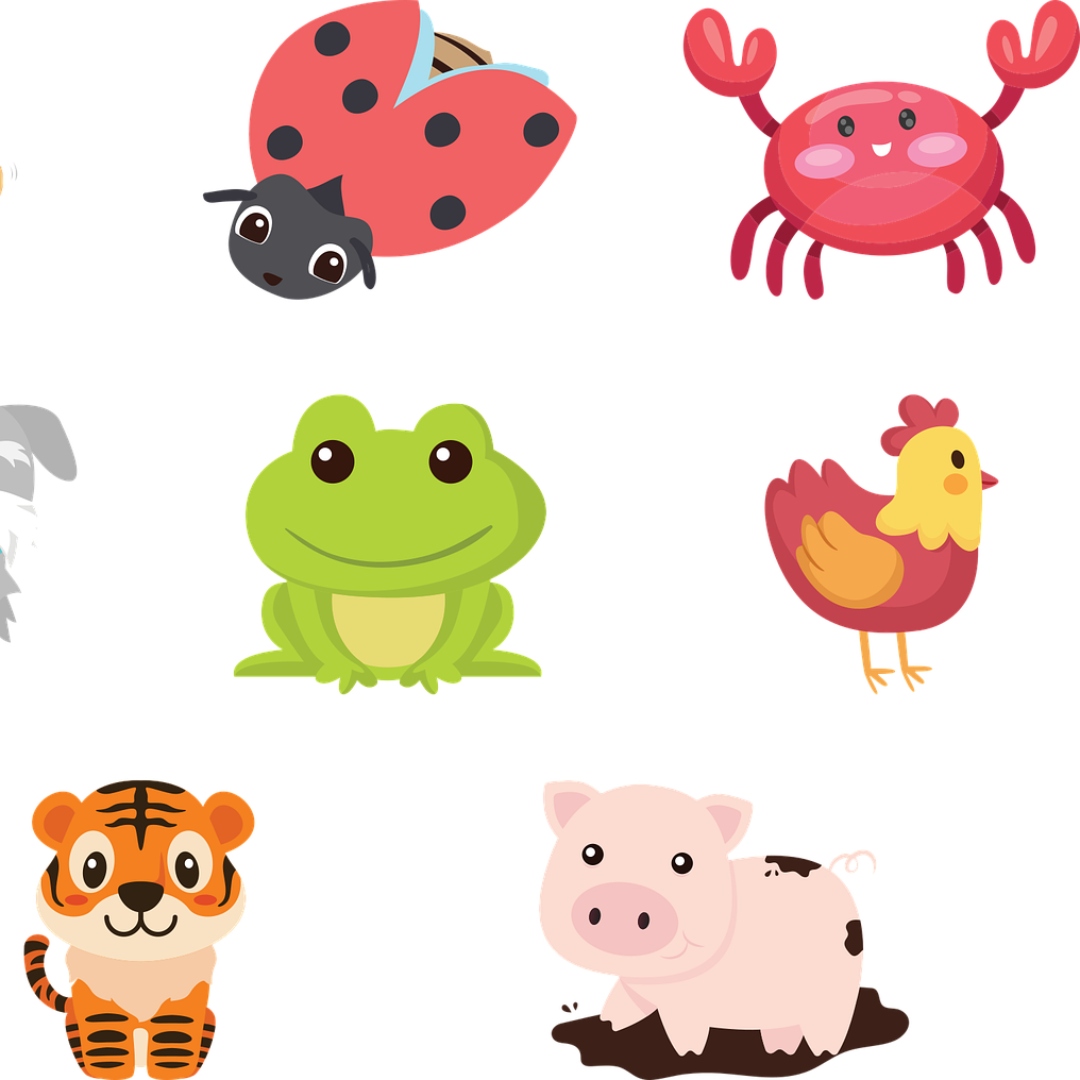 Animales: mariquita, cangrejo, rana, gallina, tigre y cerdo